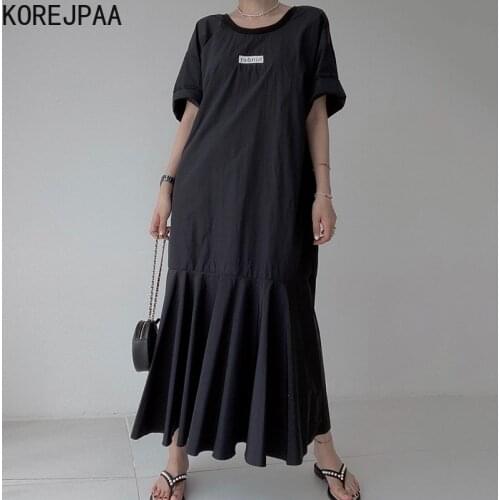 Korejpaa Women Dress 2021 Korean Fashion Chic Versatile O Neck Letter Sticker Design Back Hollowed Out Loose Fishtail Vestidos