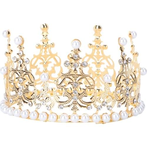 Crown Cake Topper Decoration with Rhinestones and Pearls Vintage Style Royal Centerpiece Headband Crown for Party Wedding(Golden
