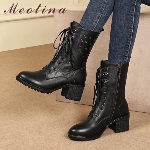 Meotina Winter Motorcycle Boots Women Natural Genuine Leather Thick High Heel Ankle Boots Punk Zipper Shoes Ladies Autumn 35-41