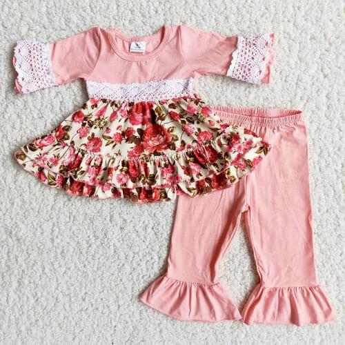 Fashion flower half sleeve outfits baby girls boutique lace tops+solid pink pants 2 pcs sets kids childrens clothing gxj