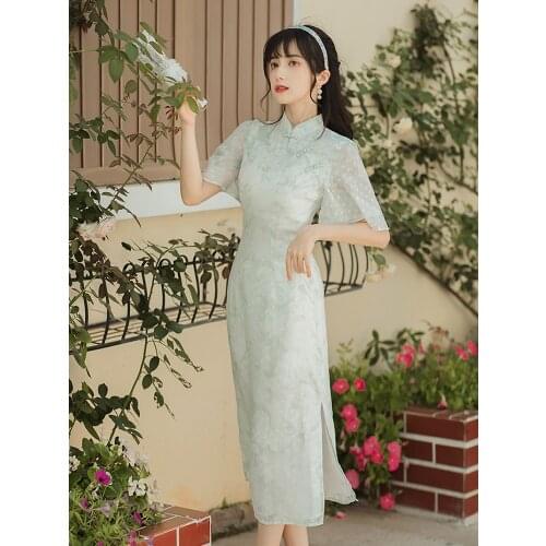 2021 Summer New Womens Dresses Retro Fresh And Elegant Thin Chiffon Chinese Style Display Cheongsam-Style Mid-Length Dress