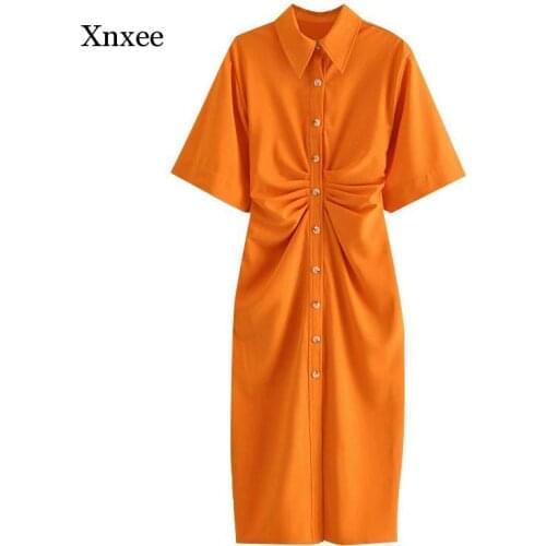 Orange Women Chic Fashion Button-Up Draped Midi Shirt Dress Vintage Short Sleeve Side Zipper Female Dresses Vestidos Clothing