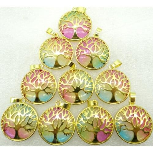 Natural Stone Turquoises Quartz Crystal tigerOpaleye Tree of Life 1pcsRound Shaped charm pendant for diyJewelry making necklace