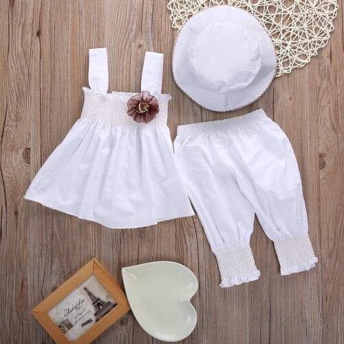 Pudcoco 2020 0-24M Princess Baby Kids Girls seeveless flower white loose top Dress+Pants+Hat 3pcs Wedding Party Suits Outfits