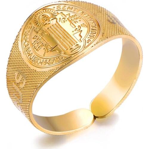 Golden Silvery Stainless Steel Catholic Saint Benedict Rings For Men Women Adjustable Ring Jewelry Gift 2020