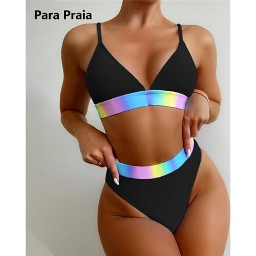 Para Praia Sexy High Waist Bikini 2021 Halter Women Swimwear Patchwork Bikini Set Swimsuit Female Push Up Bathing Suit