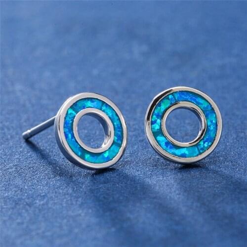 Blue White Opal Stone Stud Earrings Classic Round Circle Earrings For Women Jewelry Simple Fashion Silver Color Wedding Earrings