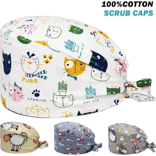 Pure Cotton Scrubs Hats Adjustable Anime Printing Nursing Hat Beauty Salon Clinic Dentist Nurse Uniform Accessories Scrub Cap