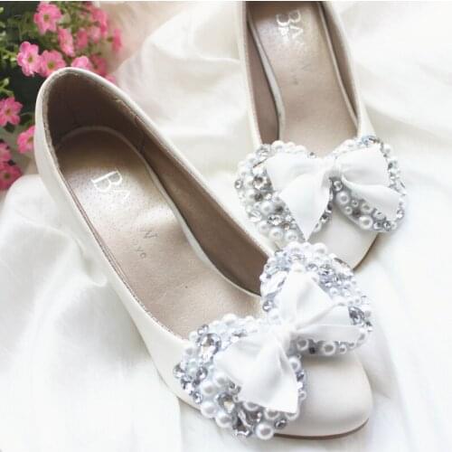Handmade wedding shoes full rhinestone pearl bow white bridal shoes bridesmaid dress shoes middle low high heel wedding shoes