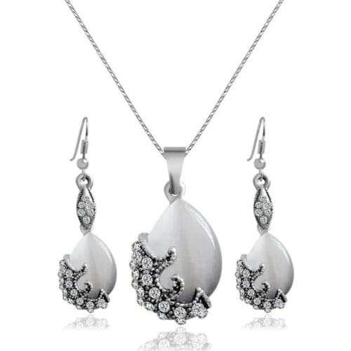 Vintage Style Silver Plated Cat Eye Stone Pendant Link Chain Necklace Dangle Earrings with Rhinestone Jewelry Sets