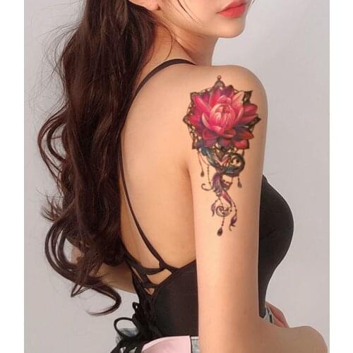 Pink Lotus Waterproof Temporary Tattoo Sticker Colored Feather Jewelry Necklace Fake Tattoos Flash Tatoos Arm Body Art Women Men