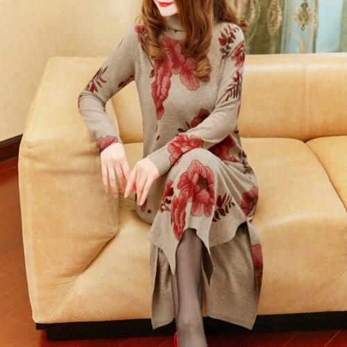 Winter Fall Vintage Womens Turtleneck Printed Floral Pattern Placket Knit Sweater Dresss , Knitted Dresses for Woman Clothes