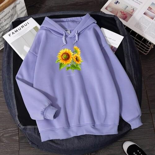 Woman Hoodies Sweatshirt Comfortable Aesthetic Pullover Elegant Jacket Winter Jogging Femme Thick Loose Sun Flower Graphic Print