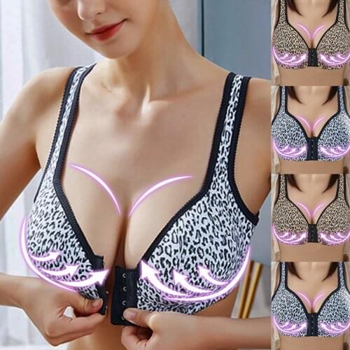 Sexy Leopard Push Up Bras For Women Fashion Front Closure Underwear Wire Free Girl Lingerie Tops Wide Strap Female Bralette