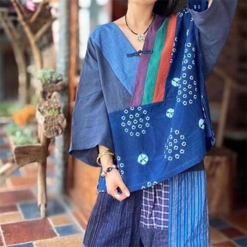 Johnature Women Vintage Linen Shirts And Tops V-Neck Seven Sleeve Blouses Print Floral Clothes 2021 Summer New Loose Shirts