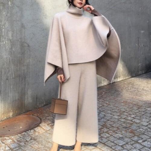 Female Sweater Pantsuit For Women Two Piece Set Knitted Pullover V-neck Long SleeveTop Wide Leg Pants Suit