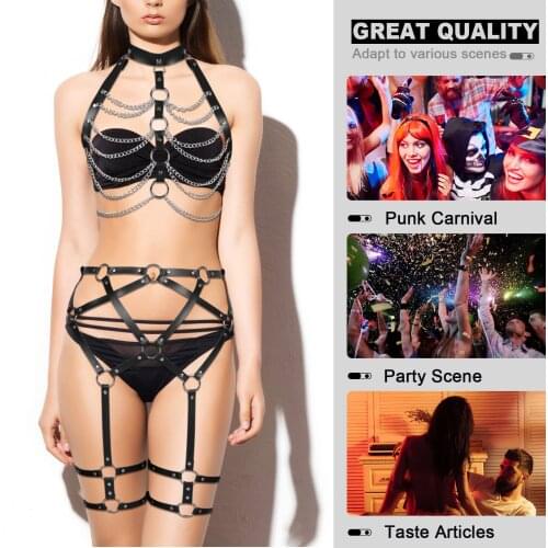 Sexy Leather Body Harness Tassel Chain Lingerie Sets For Women Bdsm Cage Bra Chest Bondage Straps Leg Harness Garter Belt Fetish
