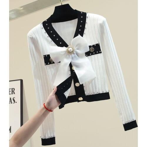 2021 High Quality New Fall Winter Women Blouse Sweaters Luxury Handmade Beaded V-neck Long-sleeve bowknot Knitted Cardigan Women