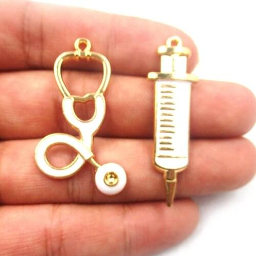 10 Pcs Big Syringe 13x43mm Stethoscope 15x40mm Medicine Charms Pendant Jewelry Making Stethoscope Charm For DIY Fitting XL458