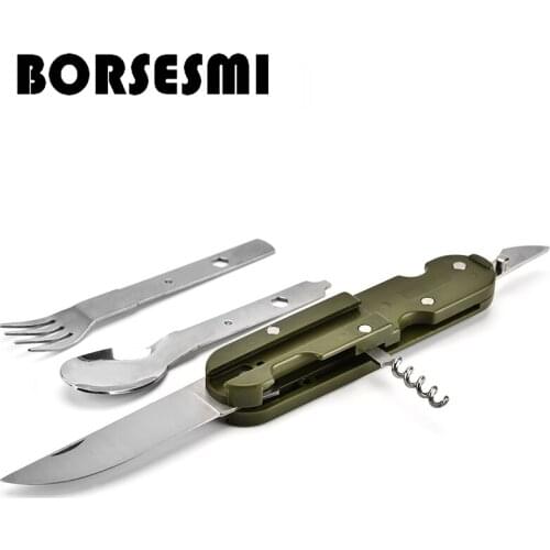2019 stainless steel pocket knife fork scoop multi-function 5 in 1 folding tableware outdoor portable cutlery set