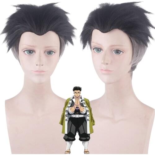 Anime Demon Slayer: Kimetsu no Yaiba Himejima Gyoumei Cosplay Wig Role Play Black Gradient Gray Color 28cm