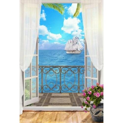 Sea View Photography Background Iron Fence White Door With Curtain And Sailboat Pink Flower Wood Floor Backdrop For Studios