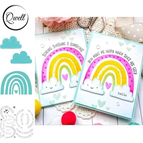 QWELL Rainbow Clouds Pattern Metal Cutting Dies With Clear Stamps Irregular Track Words DIY Scrapbooking Craft Paper Album Card