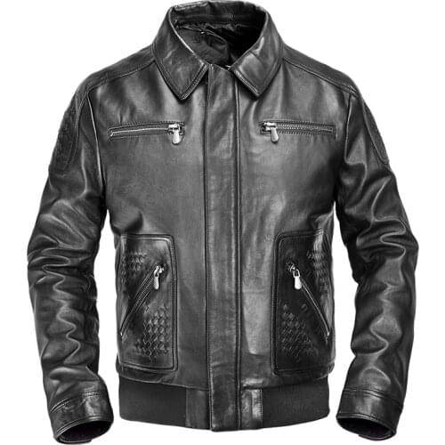 2021 Genuine Leather Mens Top Layer Goatskin Woven Pattern Slim Lapel Fashion Business Leather Jacket Men