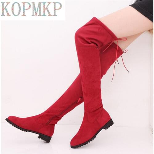 Sexy Side zip Thigh High Boots Female Winter Boots Women Over the Knee Boots Flat Stretch Fashion Shoes New Lace-up Riding Boots