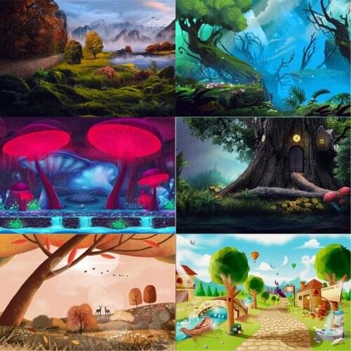 Photo Studio Props Photography Backdrop Fantasy House With Mushrooms In The Forest Vinyl Background Kids Birthday Decoration