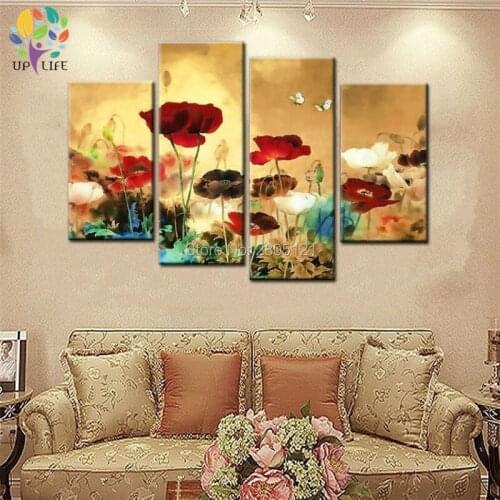 Handpainted glod yellow flower canvas picture chinese japanese style lotus flowers oil painting modern home decoration art sets