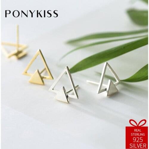 PONYKISS Trendy 100% 925 Sterling Silver Triangle Hollow Shape Stud Earrings Women Party Prevent Allergy Jewelry Fashion Gift