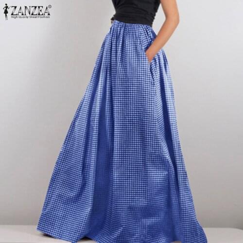 Summer Women Casual Checked Oversized Skirt ZANZEA Plaid Print Long Skirts Elegant Lace Up Faldas Saia Retro Elastic Waist Robe