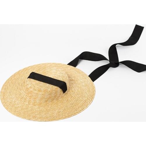 Boater Hat Summer Beach Sun Hat for Women 2018 Ladies Wheat Straw Hat with Ribbon Ties