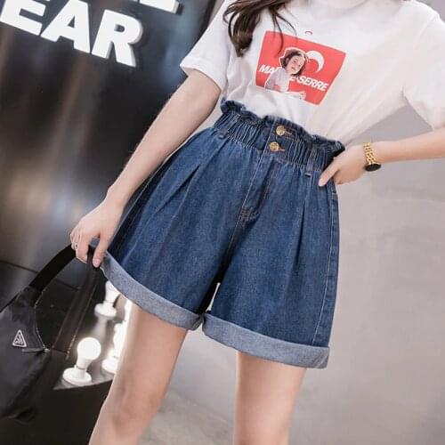 Zoki Plus Size Women Denim Shorts Elastic High Waist Loose Korean Short Jeans Fashion Casual Button Blue Wide Leg Shorts 5XL