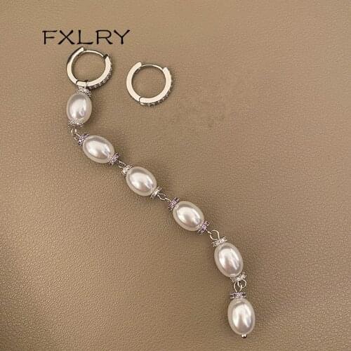 FXLRY Baroque Pearl Dangle Earrings White color zirconia asymmetric tassel long earrings for women Jewerly