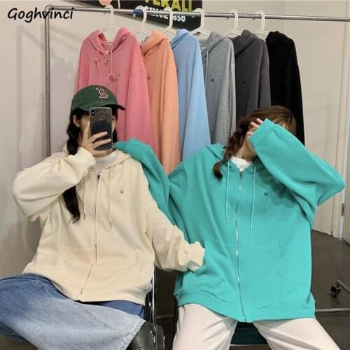 With Hat Hoodies Women Zip-up All-match Spring Autumn Chic Simple Letter Print Coats Spring Hoodie Candy Color Harajuku Fashion