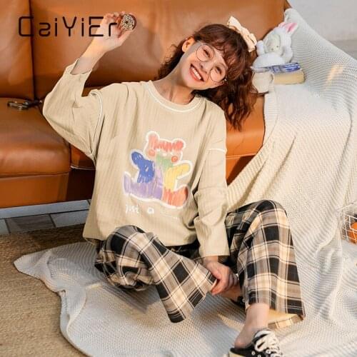 CAIYIER Cartoon Print Women Pajamas Set Long Sleeve Cotton Sleepwear Autumn Winter Girls Nightwear Soft Loose Loungwear Pyjama
