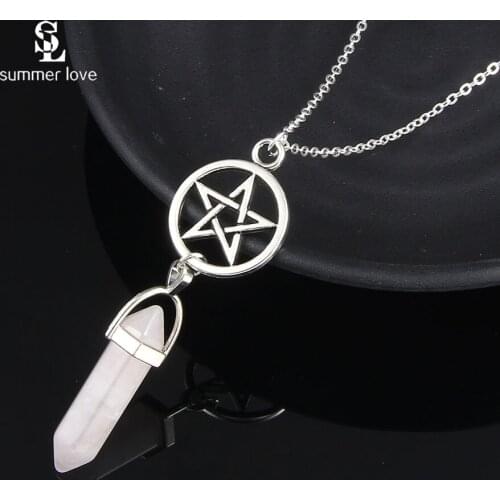 Natural Stone Quartz Crystal Hexagonal Pendant Necklace for Women Silver Color Star Necklace Healing Chakra Jewelry