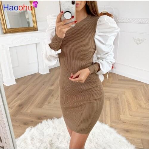 Sexy O-Neck Puff Sleeve Patchwork Dress 2020 Spring Women Casual Bodycon Office Black Dresses Femme Vestidos
