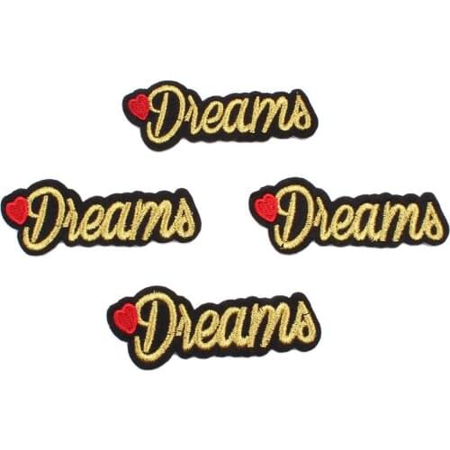 10pcs/lot Embroidered Gold Dreams Patches Iron On Sew On Words Stickers Handmade Sewing Fabric Appliques Garments Badge Patch