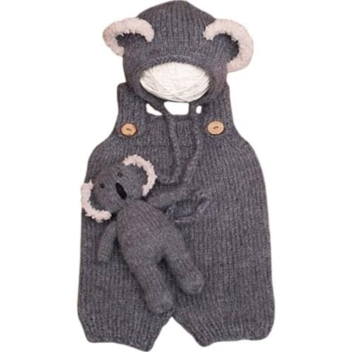 3Pcs/Set Newborn Photography Props Suit Knitted Jumpsuit Rompers with Beanie Hat Koala Doll Toy Infant Baby Outfits
