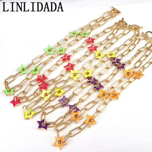 3Pcs New Elegant Gold Color Plated Oil Drop Star Shape Link Chain Brass Necklace For Woman