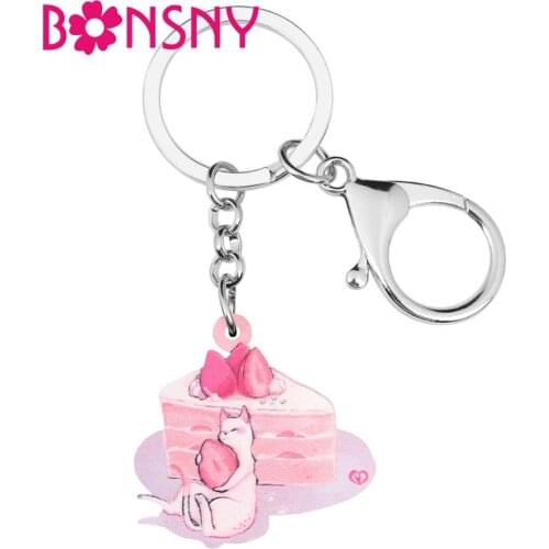 Bonsny Acrylic Valentines Day Anime Strawberry Cake Cat Key Chains Rings Bag Car Purse Decoration Keychain For Women Girls Gift