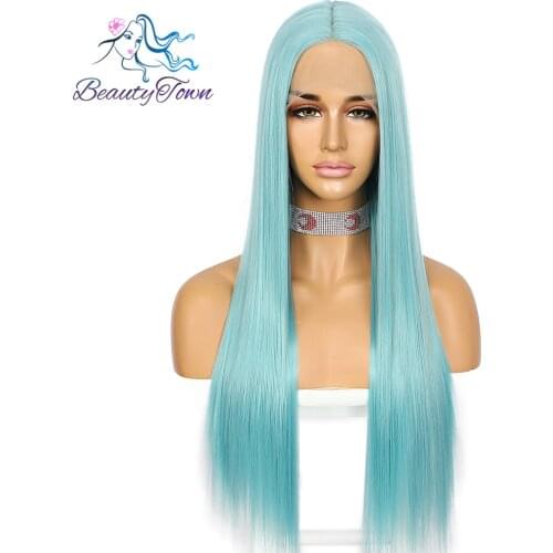 BeautyTown Synthetic Long Straight Blue Lace Wig For Women Daily Use Makeup Cosplay Party Wedding Gift Hair Deep T Part Lace Wig