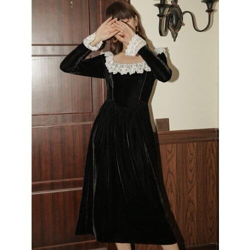 BLLOCUE Retro Velvet Dress Autumn Winter Fashion Womens Lace Stitching Square Collar High Waist Flared Sleeve Midi Party Dress