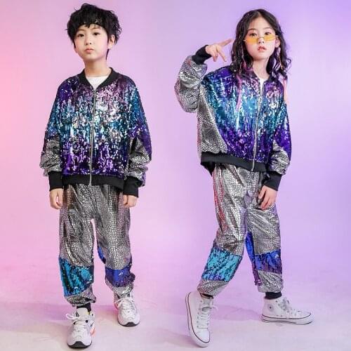 Kid Hip Hop Clothing Sequined Coat Jacket Loosed Silver Pants For Girls Boys Street Jazz Dance Costume Performan Clothes Wear