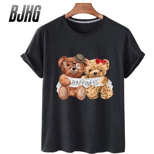 100% Cotton Couple Letter Bear Print Short-sleeved T-shirt Female Half-sleeved Summer Casual Oversized T-shirt Ladies Shirt 3XL