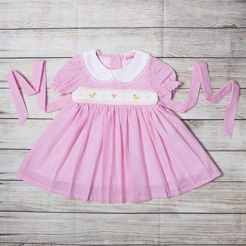 Boutique Smock Hand Embroidery Cute Chick Dress Kids Girl Short Sleeve Child Wear Princess Pink Dress For Girls
