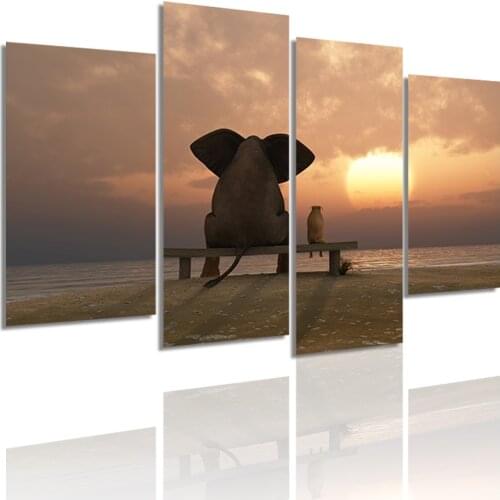 Dog and Elephant Sit on the Beach Sunrise 4 Panels Canvas Painting HD Poster Wall Art Print Picture Living Room Home Decor Frame